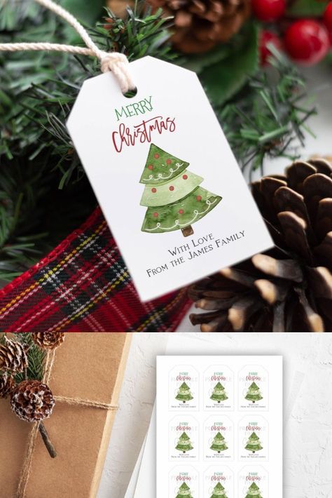 Holiday gift tags for self printing! WHAT YOU GET: :::::::::::::::::::::::::::::::::::::::::::::::::::: One Editable template. Favor Tag Size: 2" x3" Fit 9 tags on page 8.5"x11" * Edit one and print 9 Tags per page You can print multiple Tags in one PDF page / Get a JPG File Merry Christmas Labels, Merry Christmas Tag, Christmas Tree Watercolor, Gift Tag Template Printable, Christmas Gift Tags Template, Christmas Gift Labels, Merry Christmas Tags, Christmas Cutouts, Gift Labels Christmas