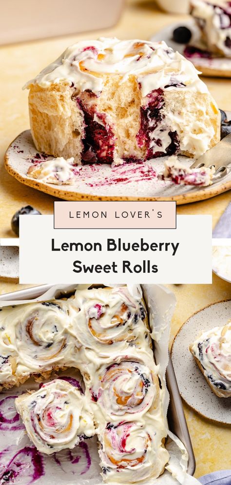 Absolutely to die for, big, soft lemon blueberry sweet rolls bursting with a homemade quick lemon blueberry filling and topped with a luscious lemon cream cheese frosting. These lemon sweet rolls are a glorious new take on my famous cinnamon roll recipe and are perfect for brunch, dessert, and celebrating spring and summer holidays! Intermediate Dinner Recipes, Pretty Food Desserts Recipes, What To Do With Excess Eggs, Cinnamon Roll Alternative, Desert Spring Rolls, Spring Bakery Treats, Dessert Roll Recipes, 85 Degrees Bakery Recipe, Spring Time Food