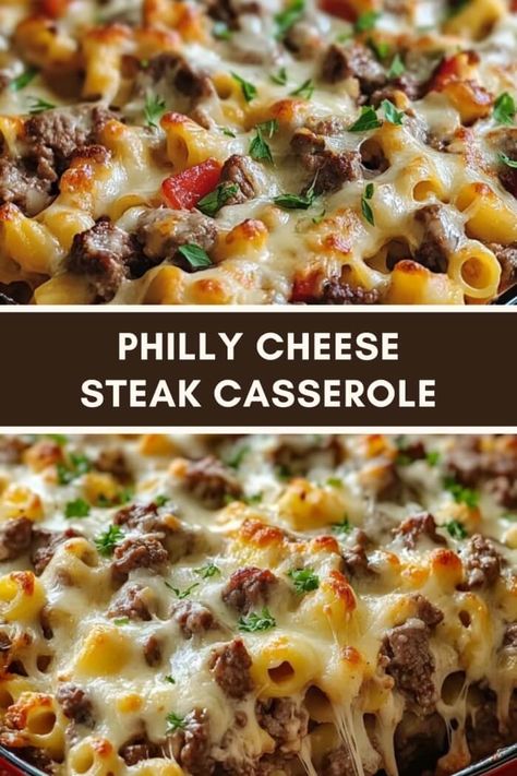 Ground Beef Philly Cheese Steak Bowl, Easy Comfort Casseroles, Philly Cheese Steak Casserole Crock Pot, Easy Dinner Oven Recipes, Ground Beef Ideas For Dinner Easy, Steak And Cheese Recipes, Philly Cheese Steak Mac And Cheese Crockpot, Philly Cheese Steak Pasta Casserole, Steak And Bacon Recipes