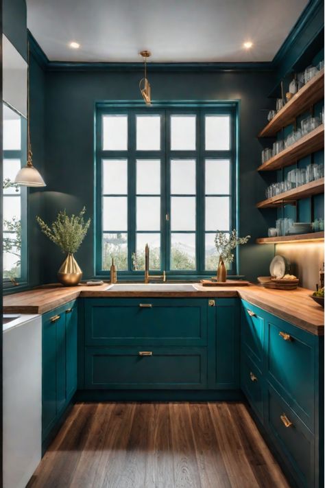 Kitchen cabinets in a variety of unexpected colors Teal And Gold Cabinet, Moody Teal Kitchen, Kitchen Jewel Tones, Blue And Green Kitchen Cabinets, Teal Cabinets Kitchen Turquoise, Teal Walls Kitchen, Jewel Tone Kitchen Cabinets, Teal Color Palette Kitchen, Dark Turquoise Kitchen