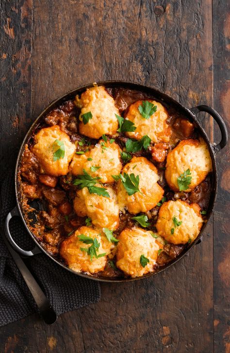 Classic Beef + Red Wine Stew w/ Cheesy Dumplings Savory Cobbler Recipes, Gordon Ramsay Beef Stew, Savory Cobbler, Beans Parmesan, Parmesan Biscuits, Chicken Stew And Dumplings, Red Wine Beef Stew, Chicken Cobbler, Beef Chuck Steaks