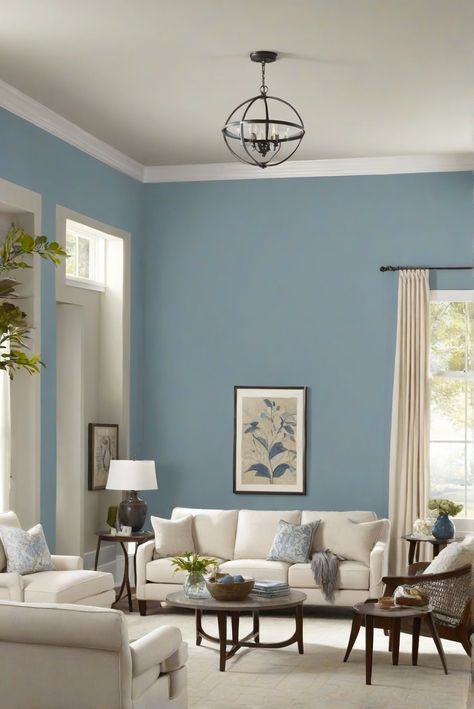 Yarmouth Blue (HC-150) - Classic Charm for Your Walls in 2024! - upgradesign.blog Classic Living Room Color Palette, Blue Living Room Walls, Blue Accent Wall Living Room, Blue Paint Living Room, Yarmouth Blue, Colorful Living Room Bright, Renovation Living Room, Blue Living Room Color, Paint Colors 2024