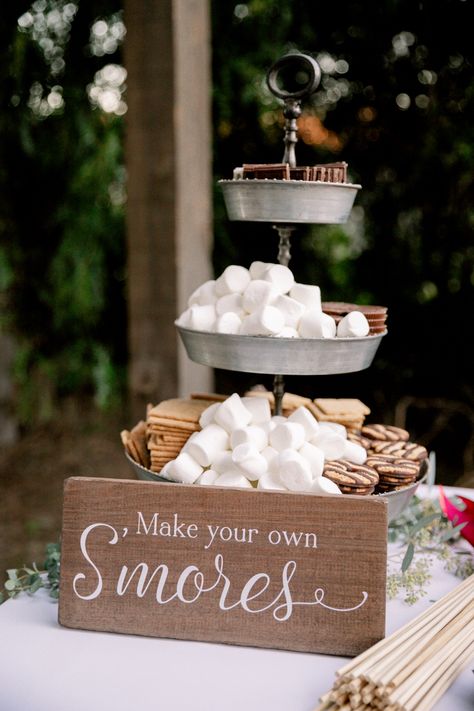 Wedding Marshmallow Station, S’more Display, Rustic Smores Bar Wedding, S’mores Wedding Station, Boho Smores Bar, Smores Dessert Bar Wedding, S’mores At A Wedding, Graduation Smores Bar, S’more Set Up