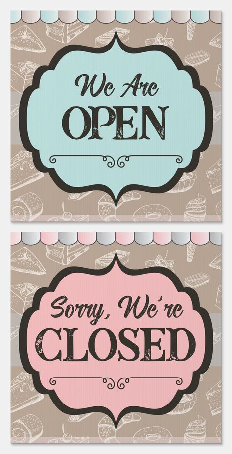 A beautiful double-sided sign for your store shop's window announcing whether you are open or closed. One side is in mint green and the other side in pink, with editable text. Background has different baked goods of breads, ice cream, cupcakes, croissants and other delicious sweets you would find in a bakery, bordered by an illustrated awning. Open Shop Sign, Diy Open Sign, Open Closed Sign Ideas, Bakery Store Fronts, Bakery Clipart, Open & Closed Signs, Opening A Bakery, Baking Quotes, Bakery Store