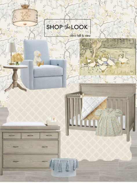 Welcome to our darling duckling-themed nursery! Soft yellows & blues adorn the walls in a charming floral & branches pattern wallpaper. A cozy baby blue swivel glider with a stuffed ducky awaits snuggles. Theo Van Hoytema's duck art adds whimsy. Complete with marble end table, hydrangea bouquet, & a double-wide arch mirror for a touch of elegance. Duckling Delight!   Follow my shop @OliveHillandVine on the @shop.LTK app to shop this post! Duck Egg Blue Nursery, Light Blue And Yellow Nursery, Duckling Nursery Theme, Duck Themed Nursery, Duckling Nursery, Vintage Toddler Rooms, Blue Nursery Girl, Duck Nursery, Marble End Table