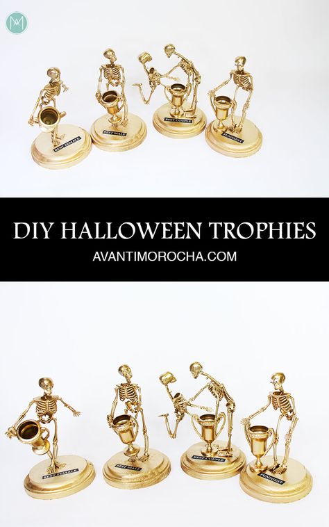 Diy Trophies Dollar Tree, Halloween Costume Prizes, Best Costume Prize Ideas, Halloween Awards Diy, Halloween Contest Prizes, Best Costume Trophy Diy, Halloween Prizes For Adults, Skeleton Trophies Diy, Halloween Trophy Ideas Diy