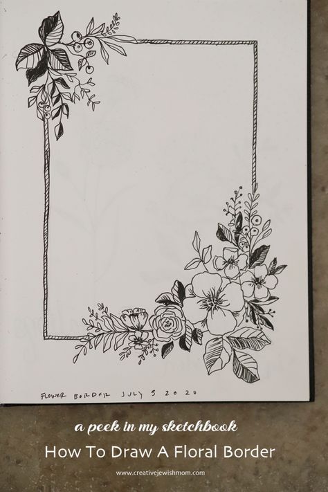 Flower Boder Degin, Floral Doodle Border, Plant Border Ideas Drawing, Flower Edge Border Drawing, Floral Sketches Design, Floral Journal Cover, Border Design For Cards, Border Painting Ideas, Floral Border Design For Project