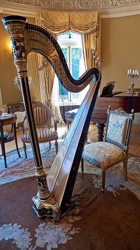 Gilt accented harp could be used to accompany the 1887 Steinway piano in the Oval Drawing Room of Pittock Mansion   #TuscanyAgriturismoGiratola Oval Drawing, Pittock Mansion, Steinway Piano, Celtic Harp, Harps Music, Instruments Art, Background Music, R P, F U