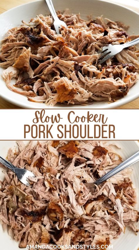 Easy Crockpot Pork Shoulder – Delicious pork roast recipe cooked low and slow in a crockpot. Serve pulled pork on sandwiches, tacos, & more! You can use pork shoulder or pork butt, both work excellent for this recipe. One of the reasons I love this recipe so much is because of it’s versatility. Boston Button Recipes Crockpot, Pork Shoulder Roast Crock Pot, Pork Shoulder Picnic Roast, Crockpot Pork Shoulder, Cooking Pork Shoulder, Pulled Pork Crock, Pork Roast Crock Pot Recipes, Slow Cooker Pork Shoulder, Boneless Pork Shoulder Roast