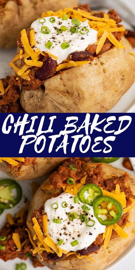 Chili Over Baked Potato, Loaded Baked Potatoes With Meat, Baked Potato And, Meat Baked Potatoes, Dinner Recipes Baked Potato, Loaded Baked Potato With Chili, Baked Potatoes And Chili, Baked Potato Meat Topping, Chilli Cheese Baked Potato