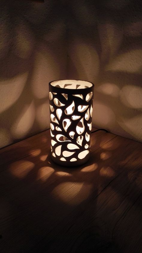 Pottery Lamps Ceramics, Ceramic Candle Cover, Ceramic Illuminaries, Clay Cylinder Projects, Ceramics Cylinder Ideas, Clay Lanterns Ceramics, Lantern Ceramic Ideas, Ceramic Lantern Handmade, Cylinder Ceramic Ideas