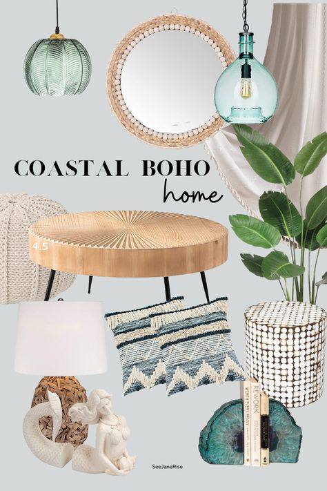 Beach Boho Interior Design, Boho Lake House Decor, Coastal Boho Interior, Boho Coastal Living Rooms, Coastal Boho Living Room, Coastal Boho Home, Home Mood Board, St Aesthetic, Scandi Coastal