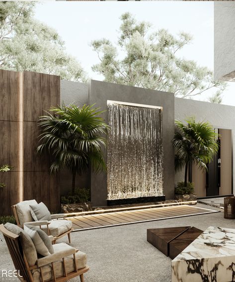 Backyard Landscaping Water Features, Backyard Interior, Backyard Outdoor Living, Kolam Air, Taman Air, Modern Fountain, Fountains Backyard, Terrace Garden Design, Rooftop Terrace Design