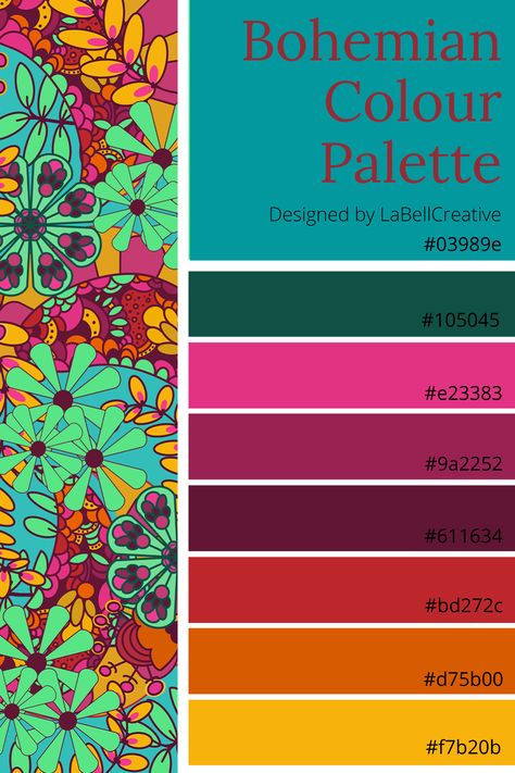 Bold bright bohemian inspired colour palette Colourful Boho Interior, Boho Color Pallet Colour Schemes, Bohemian Inspiration Board, Boho Bright Colors, Bohemian Colorful Living Room, Bohemian Color Pallete, Boho Colours Pallet, Bohemian Palette Colour, Bohemian Colour Scheme