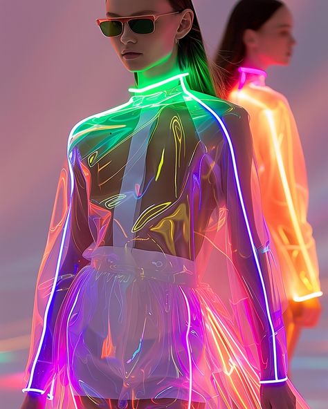 Shine bright wherever you go ✨💖 #neon #fashionshow #runway Plastic Outfit, Fashionshow Runway, Neon Jungle, Led Dress, Love Band, Technology Fashion, Future Outfit, Futuristic Fashion, Character Inspo