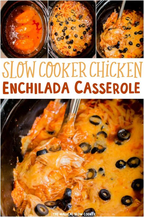 This recipe for Slow Cooker Chicken Enchilada Casserole is a one pot meal! You will never want to make standard enchiladas again. - The Magical Slow Cooker Chicken Crockpot Recipes 8 Hours, Ready To Eat Crock Pot Meals, Easy Crockpot Meals For Fall, Large Crock Pot Meals, Crockpot Tortilla Casserole, Easy Crockpot Chicken Enchiladas, Crockpot Chicken Recipes Fall, Crockpot Meals 8 Hours, Enchilada In Crockpot