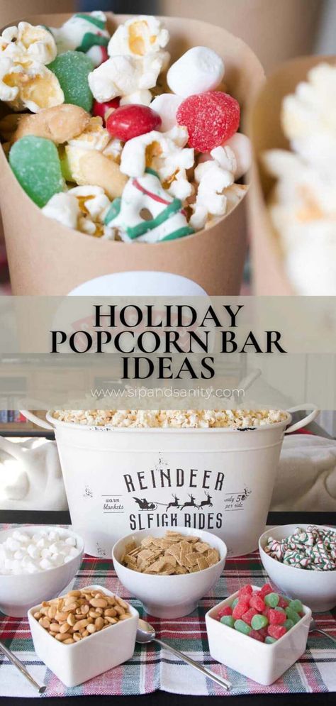 A holiday themed DIY popcorn bar is the perfect no-cook solution for last minute entertaining! A quick pop to the grocery store for some supplies, 30 minutes of set up and problem solved. It's a fun treat for après snow play, a holiday movie night and holiday parties. With endless flavor combinations, it’s easy to please all your popcorn lovers! Popcorn Bar Christmas, Christmas Snack Station, Winter Snack Ideas For Party, Diy Popcorn Gift Ideas, Kids Christmas Movie Night Ideas, Class Holiday Party Food, Christmas Popcorn Bar Ideas, Popcorn Set Up Ideas, Christmas Movie Night Ideas Snacks