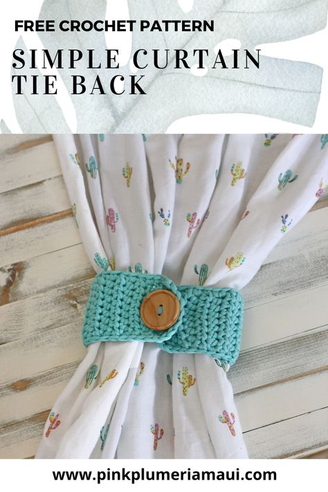 Simple Curtain Tie Back is a free crochet pattern. | crochet | free crochet | free crochet pattern | crochet pattern | crochet diy | diy crochet | crochet quick | crochet fun | crochet for beginners | crochet for home | crochet curtain | crochet curtain tie back | curtain tie back | home dec yarn | make home dec yarn | Bernat | Yarnspirations | crochet blog | crochet blogger | simple kitchen e-book | simple kitchen | #crochet  #freecrochetpattern Crochet Blinds, Crochet Curtain Holder, Curtain Tie Backs Diy, Curtains Design, Pink Plumeria, Crochet Curtain Pattern, Micro Crochet, Waste Material, Curtain Holder