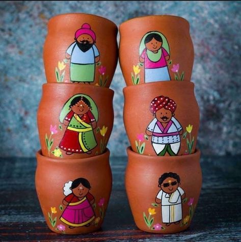 Pot Painting Indian Art, Madhubani Painting On Bottle, Kullad Chai Cups Painting, Kullad Painting Ideas Diy, Matka Painting Ideas Creative, Clay Pot Painting Ideas Indian, Matka Decoration Pots Painting, Kulhad Painting Ideas, Pot Designs Painted Indian