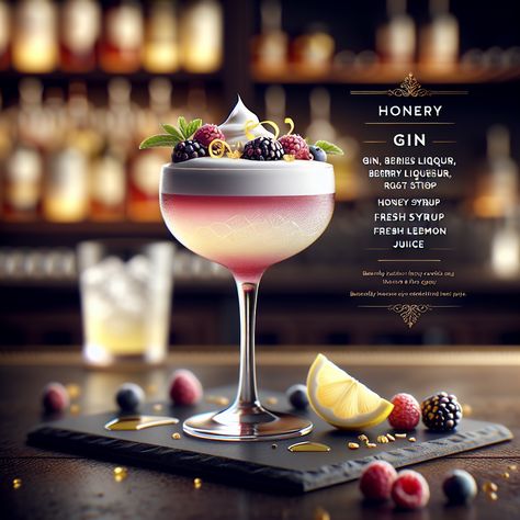 Honeyed Berry Gin Fizz, A delightful twist on the classic gin sour, a cocktail created by artificial intelligence. Boujee Cocktails, Cocktail Food Ideas, Berry Gin, Unique Alcoholic Drinks, Christmas Gin, Gin Sour, Iced Drinks Recipes, Bartender Drinks, Drinks Ideas