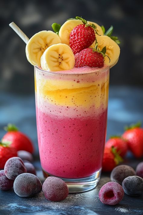 Layered fruit smoothie topped with banana slices and strawberries. Yummy Smoothie Ideas, Wake Up Smoothie, Aesthetic Smoothie Pictures, Smoothie Wallpaper, Smoothies For Pregnancy, Fruit Smoothies Recipes, Smoothies For Diabetics, Smoothie Photography, Milkshake Ideas