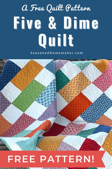 Dive into the delightful world of quilting with the Free Five & Dime Quilt Pattern! Perfect for quilters of all levels, this pattern brings simplicity and creativity together in a fun weekend project. Nine Patch And Rails Quilt Pattern, Now And Later Quilt Pattern, Brickwork Quilt Pattern Free, Simplicity Quilt Pattern, Easy Quilt Designs Free Pattern, Simply Done Quilt Pattern Free, Charm Square Quilts Easy, Twin Size Quilt Patterns Free, Lap Quilt Patterns Free Simple