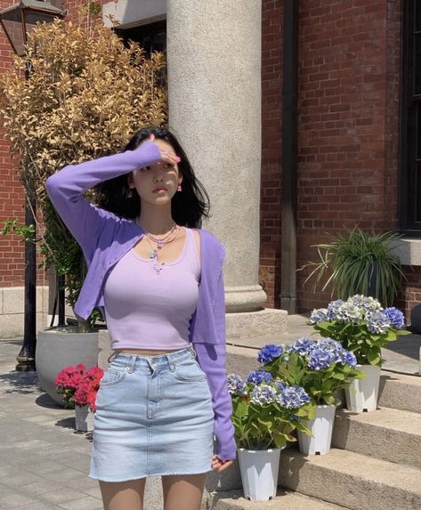 Purple Top, Clothing Hacks, Skirt Outfits, Cute Casual Outfits, Classy Outfits, Denim Skirt, Retro Fashion, Korean Fashion, Girl Fashion