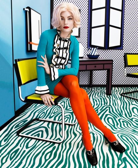 Jessica Stam Transforms Into Pop Art for Harper’s Bazaar | Fashion Gone Rogue Pop Art Aesthetic Outfit, Brand Persona, Pop Art Costume, Pop Art Fashion, Jessica Stam, Mode Editorials, Gucci Dress, Art Costume, Roy Lichtenstein