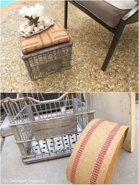 Upcycled Milk Crate Ottoman Diy Outdoor Ottoman, Diy Storage Crate, Crate Ottoman, Gray Patio Furniture, Diy Pouf, Upholstered Coffee Tables, Shabby Chic Furniture Diy, Distressed Furniture Painting, Diy Ottoman