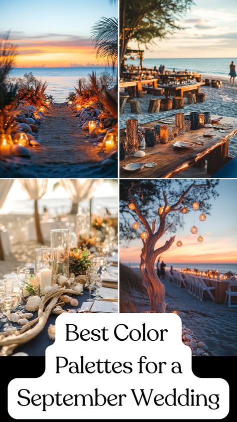 A beachfront fall wedding decorated with driftwood, seashells, deep blue, orange, and gold autumn colors, featuring a sunset ceremony and a cozy seafood dinner under the stars. Beach Wedding In The Fall, August Beach Wedding Colors, Beach Wedding Fall, September Beach Wedding Colors, Fall Ocean Wedding, Wedding Color Palette Beach, Coastal Wedding Ideas Color Palettes, Fall Beach Wedding Ideas, Coastal Fall Wedding