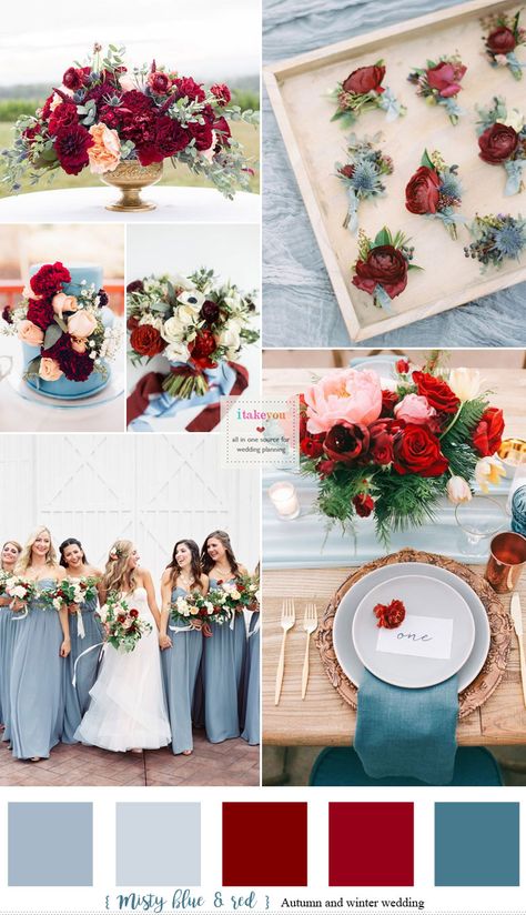 Misty blue and Red Hues { Auburn + Burgundy + Carmine } Autumn & Winter Wedding #color #autumn #mistyblue #auburn Wedding Season Colors, Red And Blue Wedding, Wedding Color Palettes, Wedding Burgundy, Wedding Color Combos, Wedding Color Trends, Maroon Wedding, Dusty Blue Bridesmaid Dresses, Winter Wedding Colors