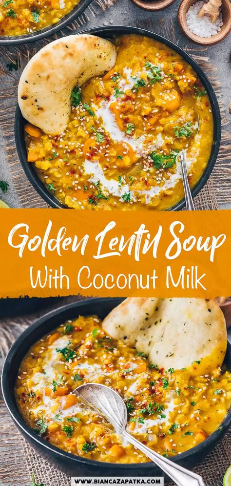 Golden Lentil, Lentil Dal Recipe, Indian Lentil Soup, Coconut Lentil Soup, Lentil Recipes Healthy, Lentils Vegan, Curried Lentil Soup, Lentil Dal, Vegan Lentil Soup