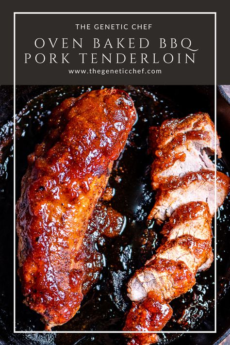 Perfectly moist and tender Oven Baked BBQ Pork Tenderloin is incredibly simple to prepare yet delivers great flavor. Topped with a no-cook apricot BBQ sauce that thickens and caramelizes while roasting, this dish will have all of your taste buds dancing. And it all can be done in about 30 minutes. #pork #bbqpork #bbqporktenderloin #porktenderloinrecipes #easydinner | @thegeneticchef Barbecue Pork Tenderloin, Barbecue Pork Loin, Boneless Pork Loin Recipes, Pork Loin Recipes Oven, Grilled Pork Tenderloin Recipes, Easy Pork Tenderloin Recipes, Loin Roast Recipes, Pork Tenderloin Oven, Bbq Pork Tenderloin