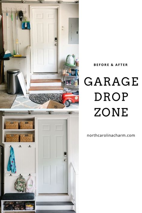 Entrance From Garage To House Decor, Garage Entry Drop Zone, Small Mudroom Garage Entry, Garage Mudroom Ideas Diy Small Spaces, Drop Zone Small Space, Tiny Drop Zone, Garage Drop Zone Ideas Diy, Garage To Kitchen Entry, Garage Entry Into Kitchen