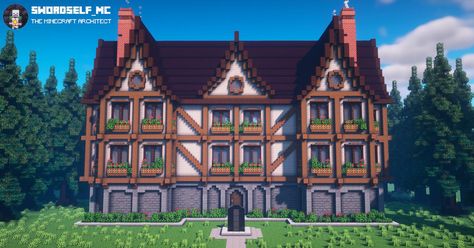 By Swordself_MC Tudor Mansion, Minecraft Mansion, Minecraft Structures, Minecraft House Plans, Minecraft Cottage, Minecraft House Tutorials, Minecraft Castle, Minecraft Medieval, Minecraft Room