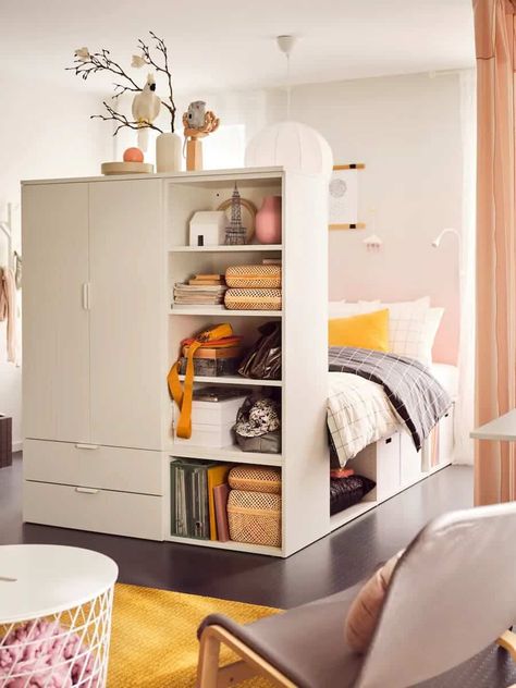 35 Small Bedroom Ideas – Make Every Inch Count - Living in a shoebox Small Teenager Bedroom, Ikea Teenage Boys Bedroom Ideas, Ikea Small Bedroom, Ikea Bedroom, Small Bedroom Ideas, Bed Design Modern, Green Retro, Bed Frame With Storage, Headboard Storage