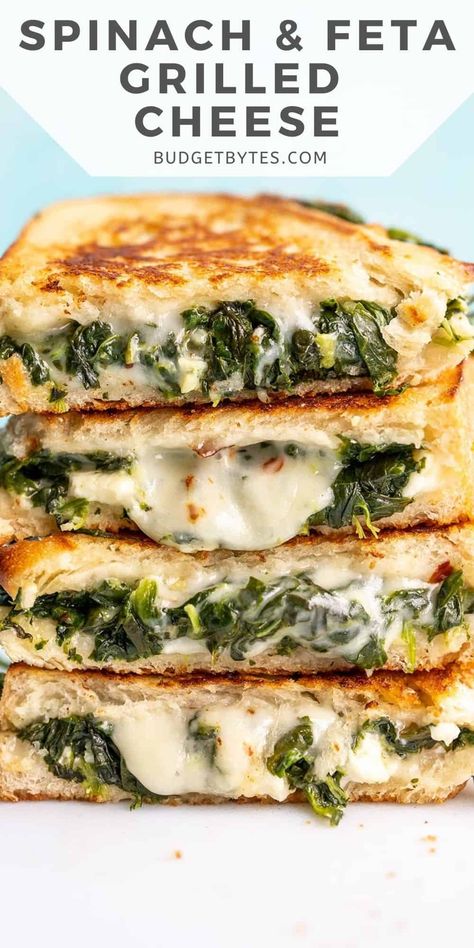 Feta Grilled Cheese, Handheld Lunch, Sandwiches Grilled, Handheld Food, Grill Sandwich, Easy Mediterranean Diet Recipes, Budget Bytes, Spinach Feta, Soy Free Recipes