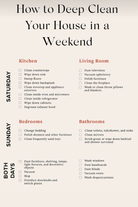 ✨ How to Deep Clean Your House This Weekend ✨ Get your home spotless with this step-by-step guide. From decluttering to scrubbing every corner, transform your space into a clean and organized sanctuary. 🧹✨ #DeepClean #WeekendCleaning #CleanHome #HomeOrganization Deep Cleaning House In One Week, Cleaning Schedule Deep Clean, How To Clean An Overwhelming House, How To Maintain Clean House, Deep Clean Weekend, How To Deep Clean Your Closet, Quick Deep Cleaning House, Deep Home Cleaning, Deep Cleaning Bedroom Tips