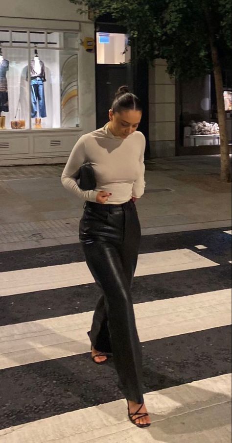 All Grey Work Outfit, Trousers Dinner Outfit, House Lounge Outfits, Nyc Style Outfits Cold Weather, Leather Tops Outfit, Wine Party Outfit, Fashion For Muscular Women, Cute Dinner Outfit Winter, Classy European Outfits