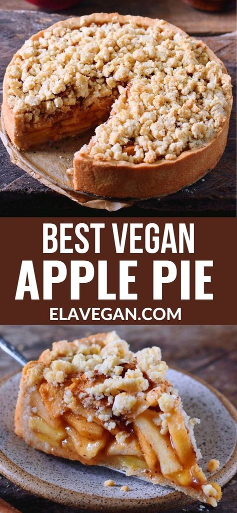 This vegan apple pie with streusel is the perfect fall dessert. It will make your kitchen smell like heaven and sweeten up your day. The recipe is vegan, gluten-free, can be made nut-free and refined sugar-free. Vegan Apple Pie Recipe, Vegan Fall Dessert, Sugar Free Apple Pie, Thanksgiving Desserts Apple, Gluten Free Apple Recipes, Vegan Pies Recipes, Vegan Apple Pie, Fall Vegan Recipes, Apple Recipes Easy