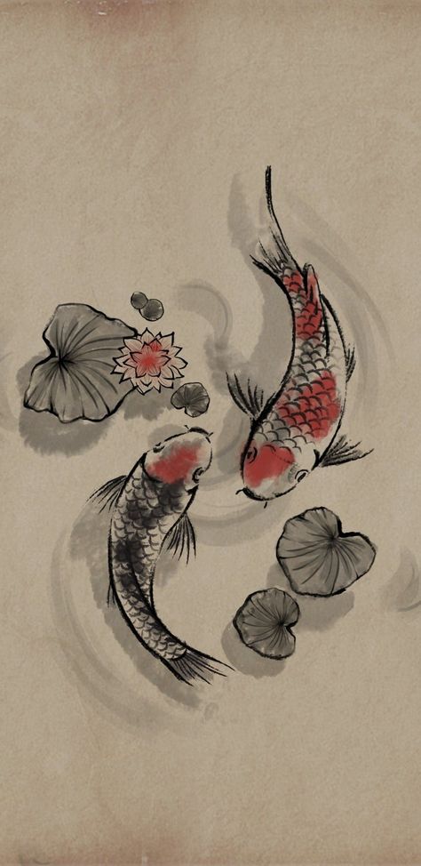 Japanese Koi Fish Painting, Chinese Koi Fish Art, Drawings Of Koi Fish, Drawing Of Koi Fish, Koi Fish Drawing Wallpaper, Japanese Pond Drawing, Koi Fish In Pond Drawing, Drawing Coy Fish, Two Koi Fish Drawing