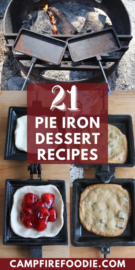 Fire Pie Iron Recipes, Camping Iron Recipes, Camping Iron Pie Recipes, Camping Pies Recipe, Pudgie Pie Dessert Recipes, Pie Iron Desserts Camping, Dessert Pie Iron Recipes, Camping Meals Pie Iron, Camping Pudgy Pie Recipes