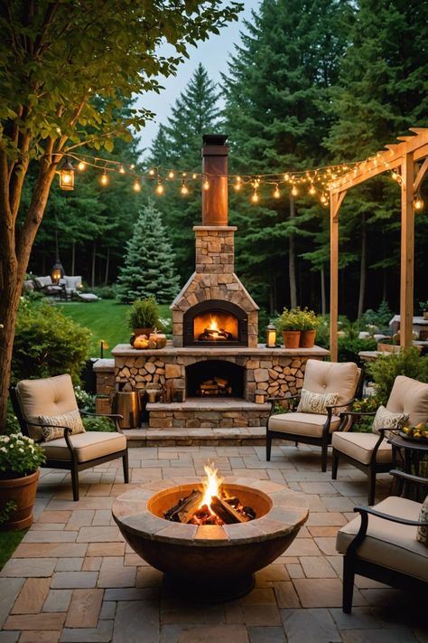 14 Safe And Kid-Friendly Outdoor Fireplaces For Your Backyard – ToolzView Backyard Fireplace Plans, Covered Patio Backyard Ideas, Fireplace In Backyard, Fireplace Outdoors, Outdoor Fire Feature, Outdoor Wood Fire Pit, Backyard Patio With Fireplace, Yard Fireplace, Outdoor Living Space With Fireplace