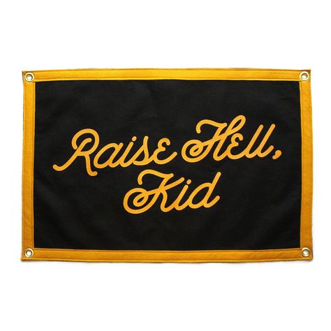 Oxford Pennant Raise Hell Kid Camp Flag | West Elm Camp Flag, Oxford Pennant, West Elm Kids, Modern Wall Hanging, Organization Inspiration, Kids Wall Decor, Flag Banner, Screen Printing Designs, Camping With Kids