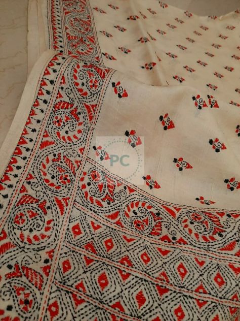 Katha Work Saree, Katha Stitch Design, Katha Stitch Saree, Convocation Saree, Katha Stitch, Nokshi Katha, Textile Border, Kantha Work Sarees, Nakshi Katha