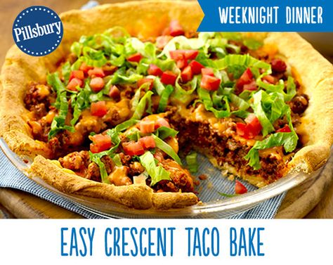 Take your taco night up a notch! This East Crescent Taco Bake is so easy and delicious it will quickly become a weeknight go-to. Loaded high with ground beef, cheese, lettuce and tomatoes everyone in your family will enjoy this meal. Crescent Taco Bake Ground Beef, Pillsbury Crescent Taco Bake, Pillsbury Taco Bake, Pillsbury Taco Pie, Pillsbury Crescent Roll Taco Bake, Taco Pie With Crescent Rolls, Easy Crescent Taco Bake, Crescent Taco, Taco Pie