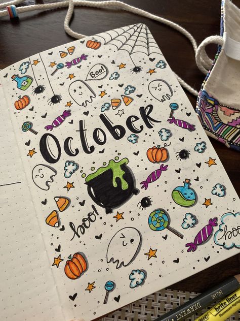 Halloween Journaling Ideas, Doodles For October, October Notes Ideas, Halloween Theme Journal, Journal Halloween Ideas, October Calendar Doodles, October Journaling Ideas, Oct Bullet Journal, Scrapbook Ideas Halloween