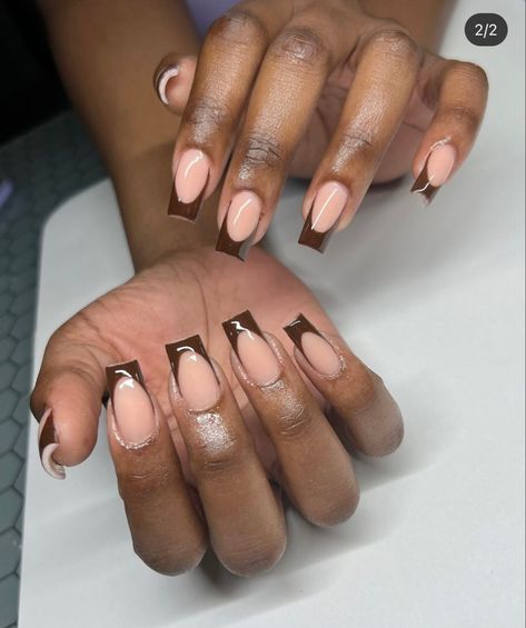 Dark Brown Tips Nails, Brown Skin French Nails, Brown Nail French Tip, Simple Nail Colors Fall, Natural Almond Gel Nails Ideas, Brown Acrylic French Tips, Nails Acrylic Thanksgiving Colors, Brown Almond Nails French Tip, Mocha Brown French Tip Nails