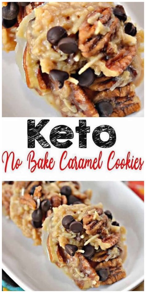 Keto No Bake Caramel Cookies! Easy low carb caramel no bake cookies everyone loves!No bake caramel chocolate chip keto recipe. Perfect keto breakfast cookies, keto desserts, treats or snacks.Yummy flourless keto chocolate caramel cookie recipe great to make ahead for a grab and go breakfast. Pecan caramel cookies. Keto friendly & BEST cookie idea.Healthy, gluten free, sugar free cookies. Learn how to make keto no bake cookies in under 15 minutes. Check out this simple & favorite keto food recipe No Bake Caramel Cookies, Caramel Snacks, Keto No Bake, Lush Dessert, Keto Caramel, Lush Recipes, Candied Pecan, Low Carb Gluten Free Recipes, Baked Caramel