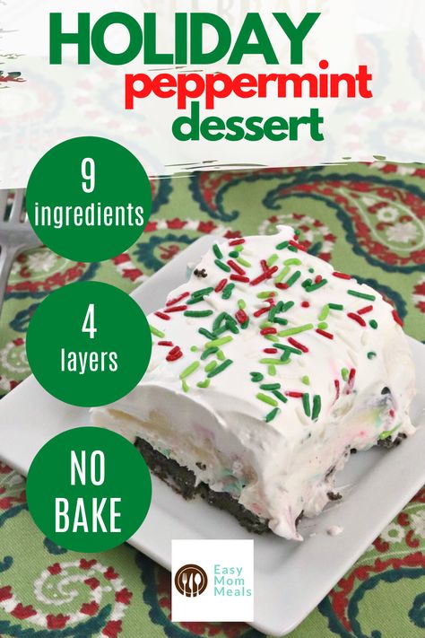 Christmas Cool Whip Desserts, No Bake Christmas Lasagna, Peppermint Lasagna Dessert, Christmas Lush Dessert, Christmas Dessert No Bake, No Bake Dessert Lasagna, Easy Christmas Dessert Recipes No Bake, Easy No Bake Christmas Desserts, Christmas Cookie Lasagna